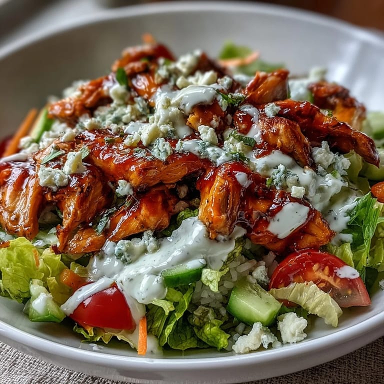 Spicy buffalo chicken served over fluffy rice, topped with fresh veggies, and sprinkled with tangy blue cheese crumbles.