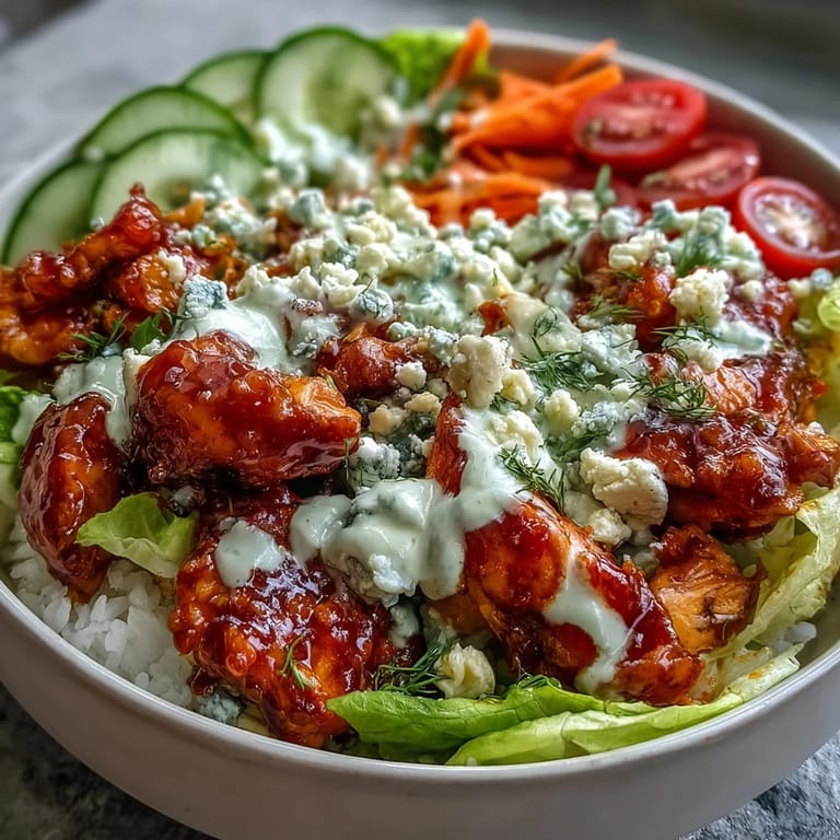 Vibrant bowl featuring buffalo chicken, crunchy lettuce, juicy tomatoes, and a rich blue cheese and ranch dressing combo.