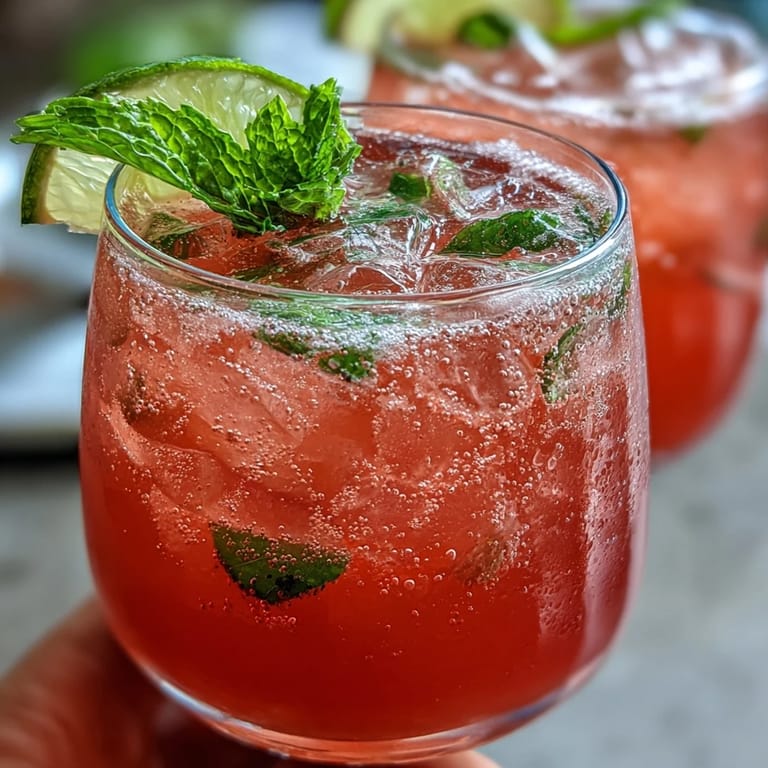 Vibrant pink guava juice and sparkling water served over ice in clear glasses with citrus accents.  
