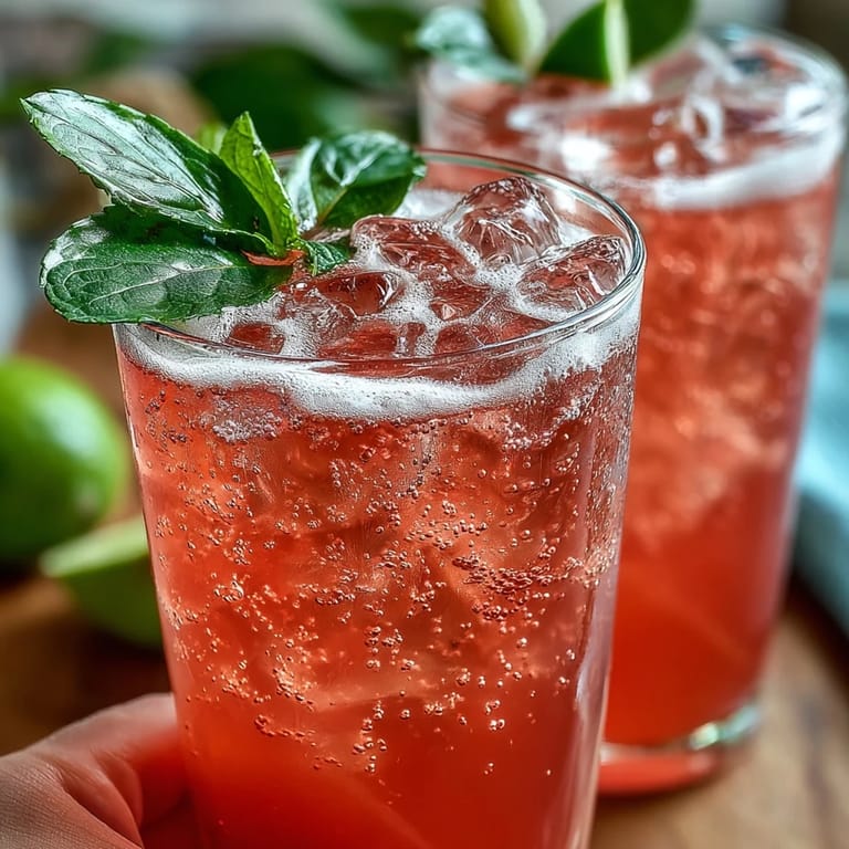 Sweet tropical guava juice mixed with bubbly sparkling water creates a light, refreshing summer beverage.