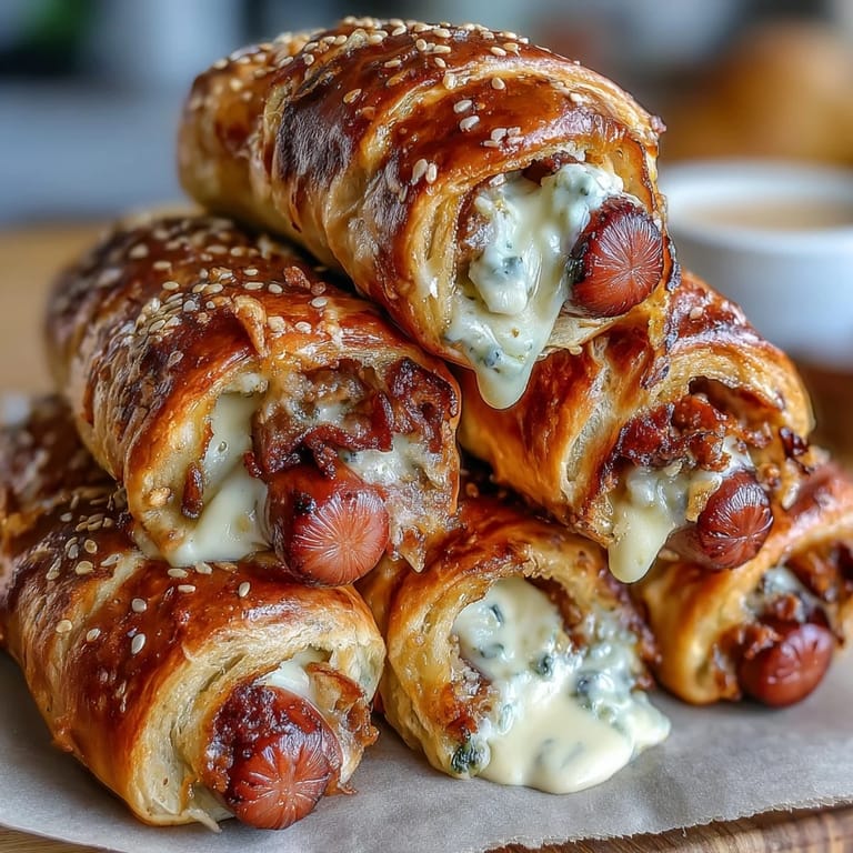 Bite-sized hot dogs wrapped in flaky crescent roll dough, brushed with egg wash and baked to golden perfection.