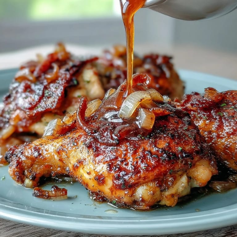 Close-up of Soul Food Smothered Chicken with Onion Gravy, tender chicken thighs smothered in thick, homemade onion gravy, garnished with fresh herbs.