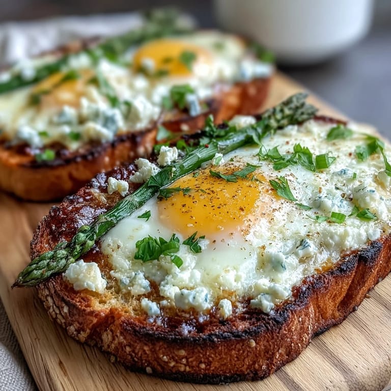 Golden toasted sourdough topped with soft scrambled eggs, blanched asparagus, and a sprinkle of chives for a bright, seasonal tartine.