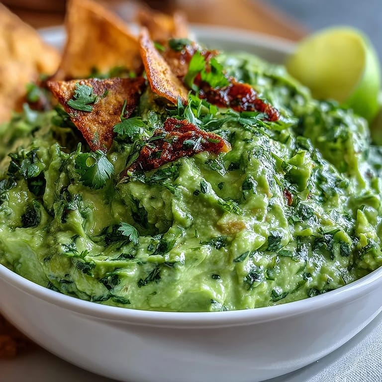 Fresh green edamame guacamole topped with red onion and cilantro, served with oven-baked pita chips for a satisfying appetizer.