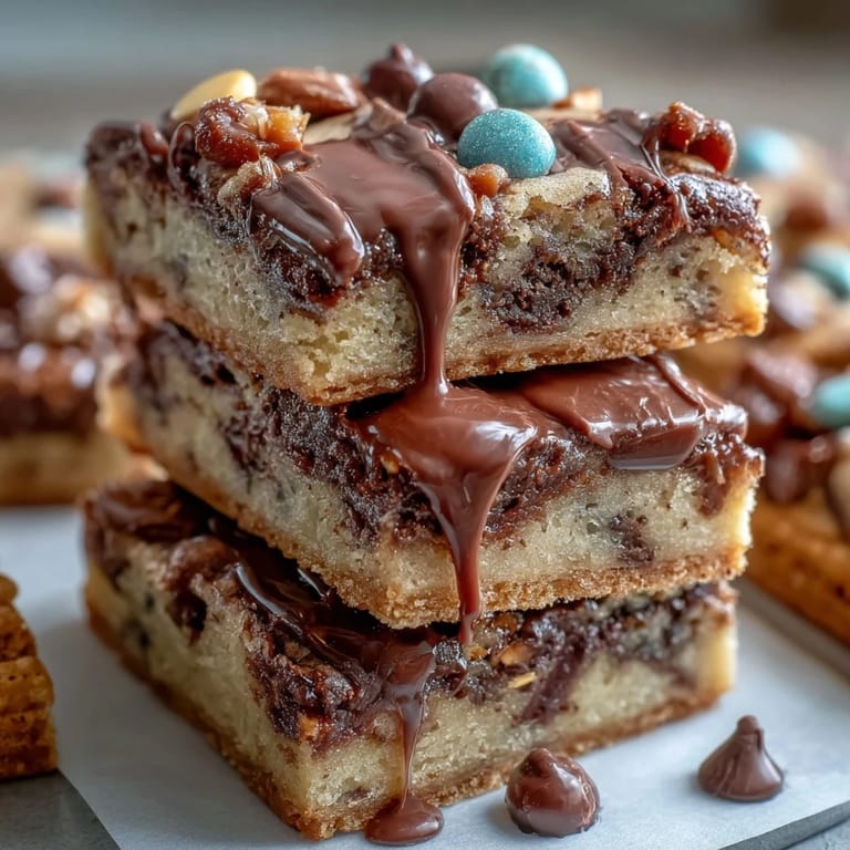 Chewy cookie bars topped with vibrant candy-coated chocolates and creamy white chocolate drizzle, perfect for graduation parties.