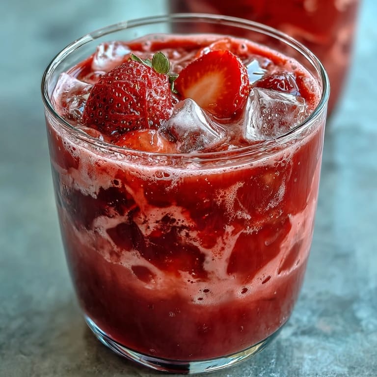 Vibrant strawberry açaí pink drink topped with fresh berries and served over ice for a cooling sip.