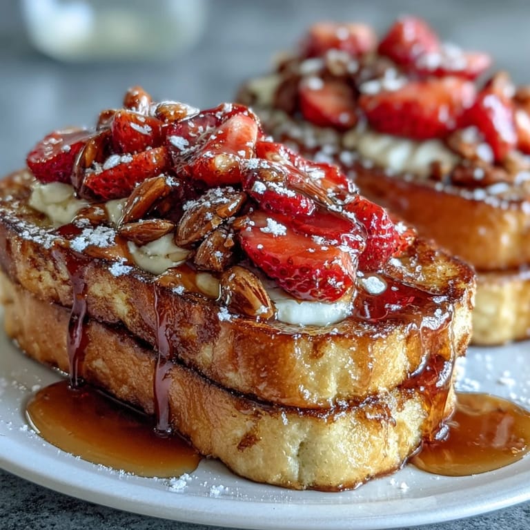 Fluffy brioche and juicy strawberries baked in a cinnamon-vanilla custard, topped with crunchy almonds and turbinado sugar.  