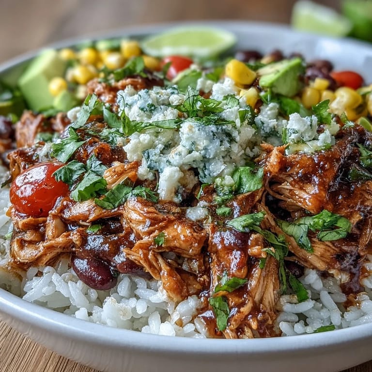 Easy salsa chicken bowls feature slow-cooked chicken in bold salsa, layered with rice, beans, and colorful veggies.  