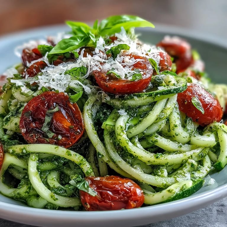 Spiralized zucchini with bright cherry tomatoes and creamy pesto, served as a light vegetarian summer meal.  