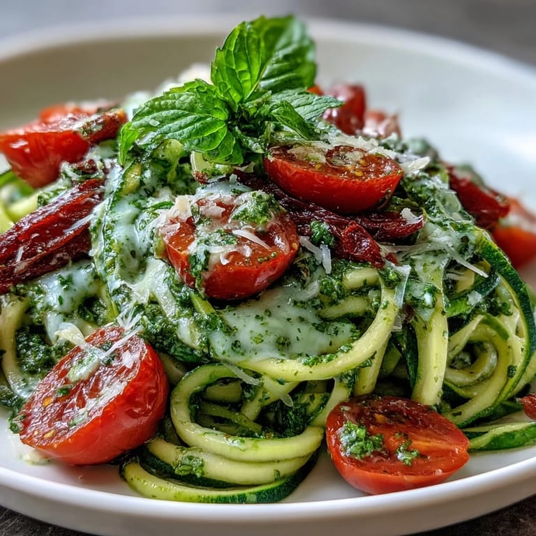 Fresh zucchini noodles coated in fragrant basil pesto, topped with sweet cherry tomatoes and Parmesan for a gluten-free dinner.