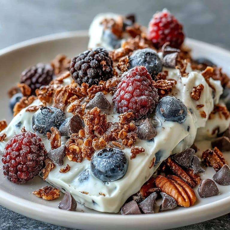 Creamy frozen yogurt bark loaded with fresh berries, granola, and chocolate chips—an easy, refreshing summer dessert.