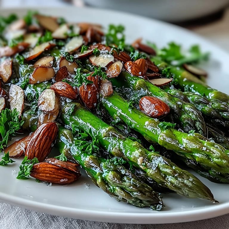Bright green asparagus in lemon butter sauce, garnished with golden almonds, perfect for Easter or any elegant spring meal.