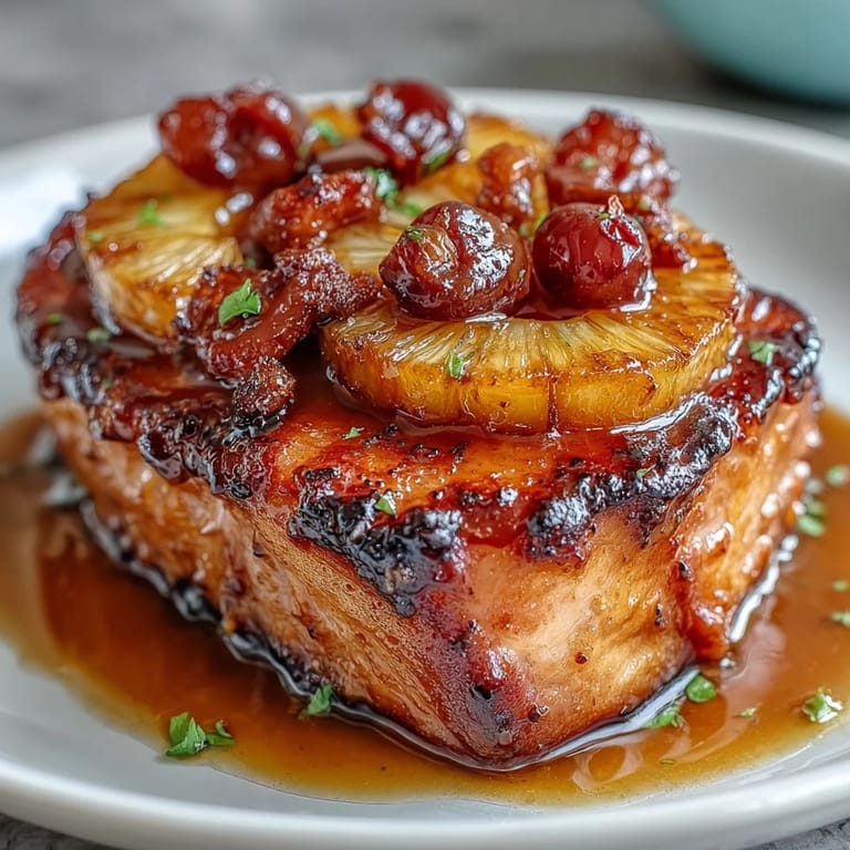 A festive honey glazed ham studded with pineapple rings and cherries, ready to serve.