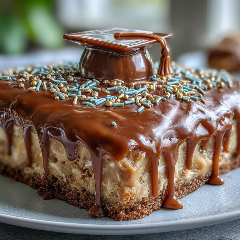 Elegant sheet cake with shimmering gold drip and fondant mortarboard topper, perfect for graduation parties.