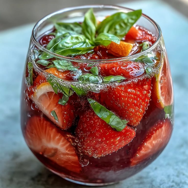 Chilled Strawberry Basil Sangria Mocktail with sparkling water, sliced citrus, and fragrant basil leaves.