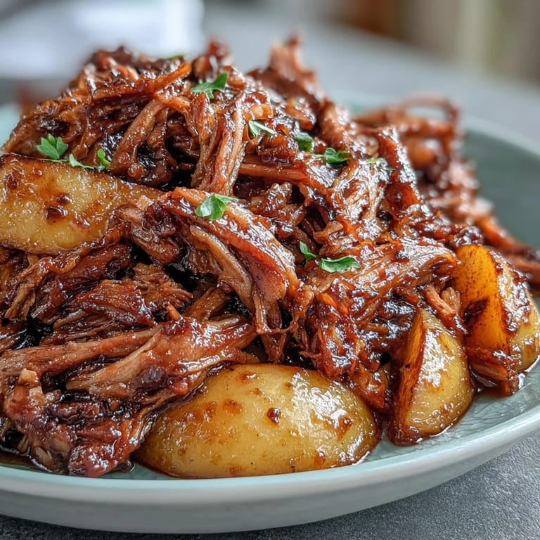 3. Crockpot honey peach BBQ pulled pork with smoky flavor, sweet glaze, and ripe peach garnish for summer meals.