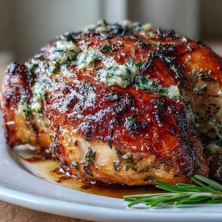 Succulent whole chicken roasted with herb butter and preserved lemon, featuring crispy skin and tender, flavorful meat.