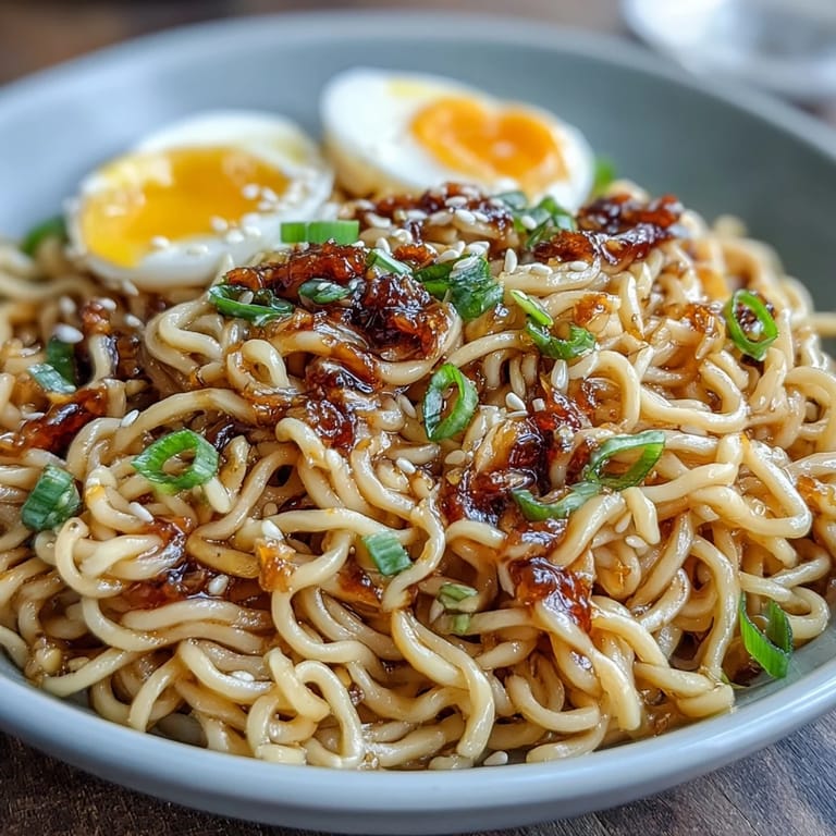 Silky ramen noodles swimming in a luscious garlic butter sauce, garnished with toasted sesame seeds and fresh green onions for a comforting meal.