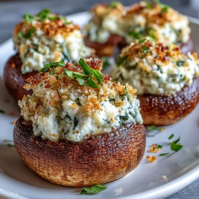 Creamy spinach and ricotta filling nestled in tender mushroom caps, topped with crispy Parmesan breadcrumbs for a delicious bite.