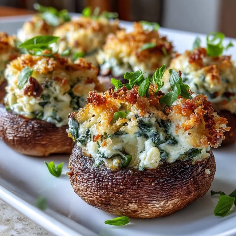 Italian-inspired stuffed mushrooms with fresh spinach, ricotta, and basil, baked until golden and fragrant for an elegant starter.