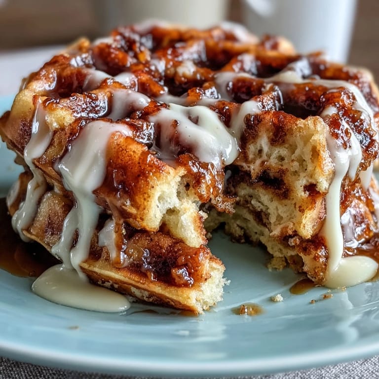 Golden-brown waffles infused with cinnamon and drizzled with a rich cream cheese glaze, making every bite a sweet brunch delight.