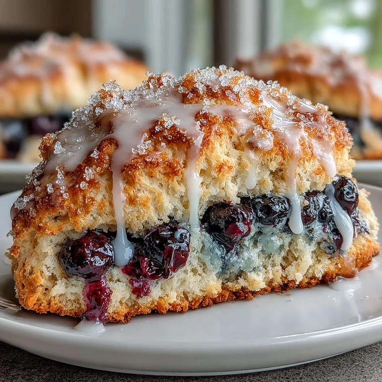 Homemade lemon blueberry scones with bursts of fresh berries and a bright citrus glaze, ideal for brunch.