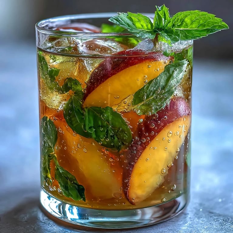 Cool and tangy iced peach green tea lemonade with fresh fruit garnish, perfect for summer refreshment.