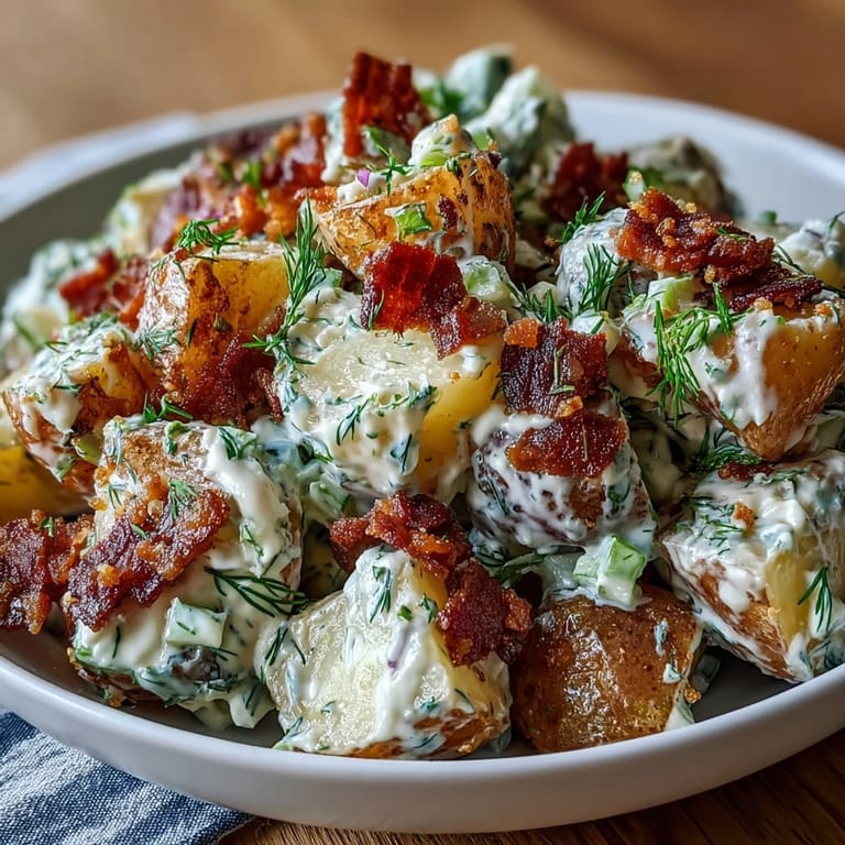 A generous scoop of Memorial Day potato salad with dill and bacon, showcasing its rich texture and colorful presentation at a barbecue.