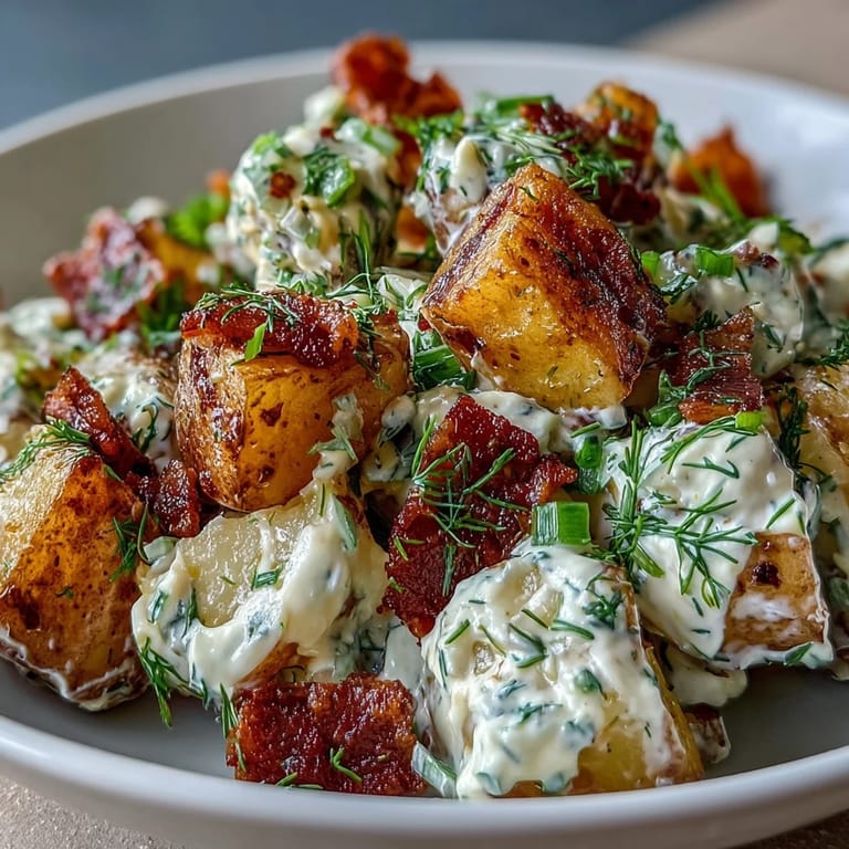 Close-up of creamy Memorial Day potato salad featuring tender potatoes, tangy dressing, and savory bacon bits, served chilled.  