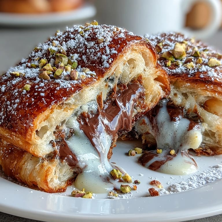 Luxurious stuffed croissants soaked in cardamom-infused custard, pan-fried until golden, and topped with chocolate sauce and chopped pistachios for a rich breakfast treat.
