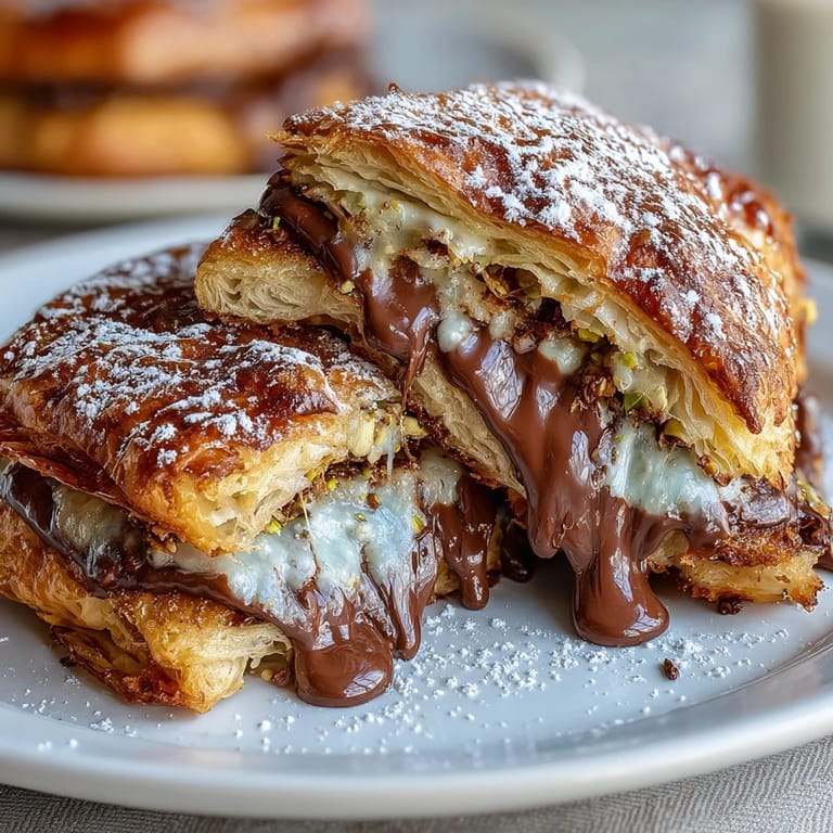 Buttery croissants filled with rich dark chocolate, dipped in creamy custard, and garnished with pistachios for an indulgent Dubai-inspired French toast dish.