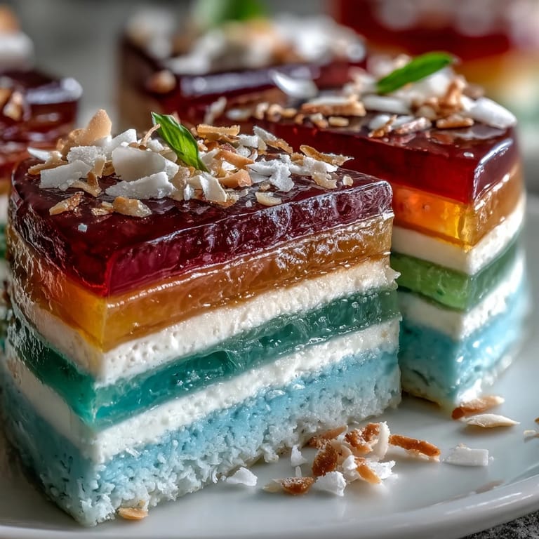 Silky, multi-colored agar-agar jelly cake finished with luscious coconut cream, a stunning and refreshing treat for any celebration.