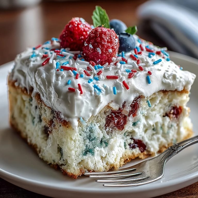 Delicious patriotic poke cake with red and blue gelatin poured into white cake and topped with sprinkles.