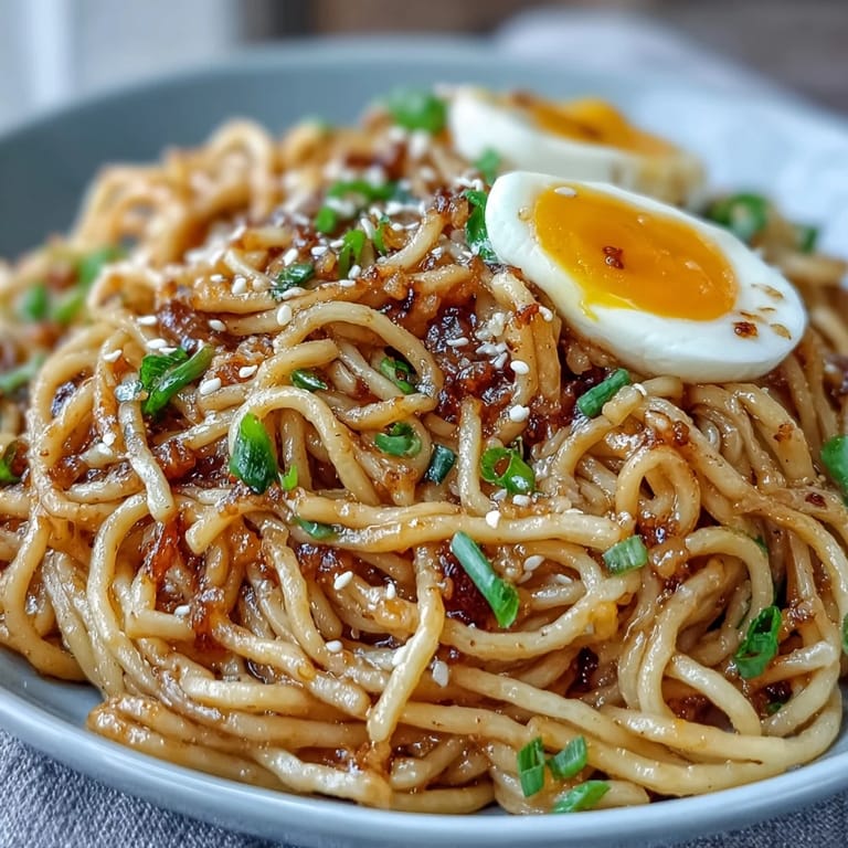 Buttery ramen noodles tossed in fragrant garlic and soy sauce, topped with a jammy soft-boiled egg and a dash of red pepper flakes.