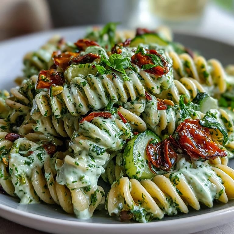 Vibrant green goddess pasta salad featuring creamy avocado dressing, crisp vegetables, and tender pasta for a refreshing meal.