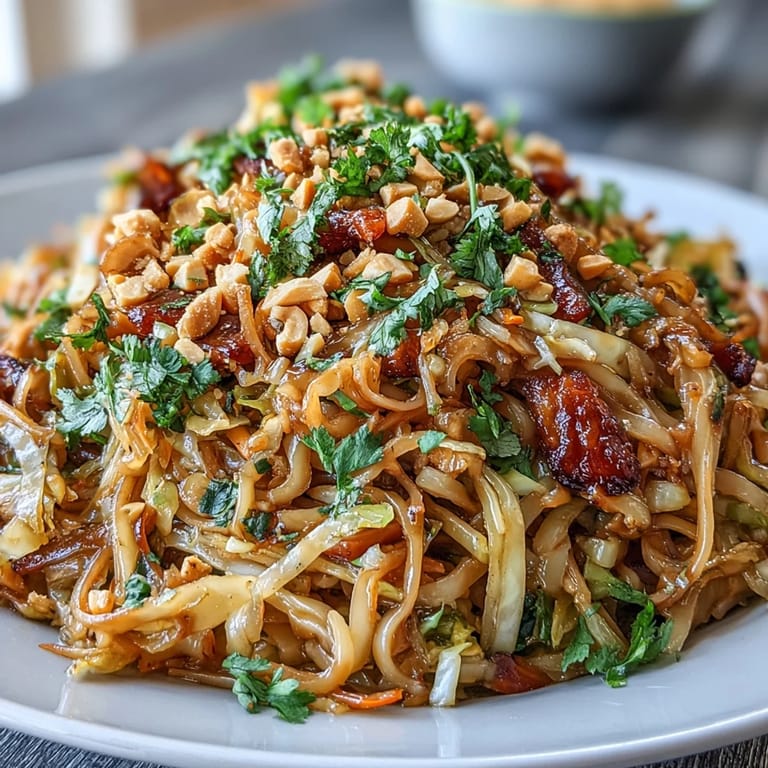 Low-carb cabbage Pad Thai served in a skillet with tender cabbage, crisp bell peppers, scrambled eggs, and a tangy peanut-lime sauce.