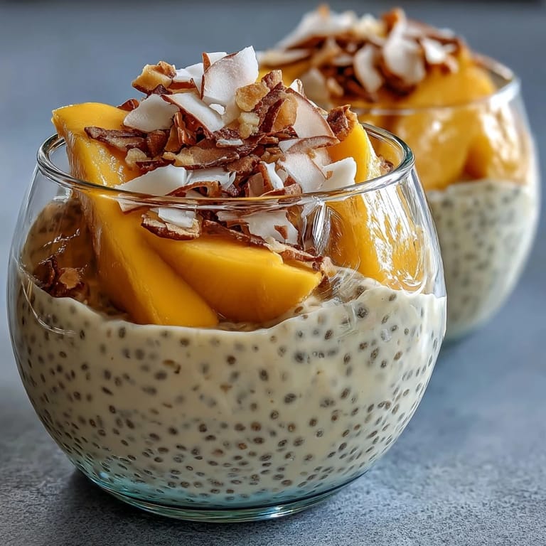 Healthy Skyr Protein Chia Pudding layered with tropical mango puree and crunchy toppings.