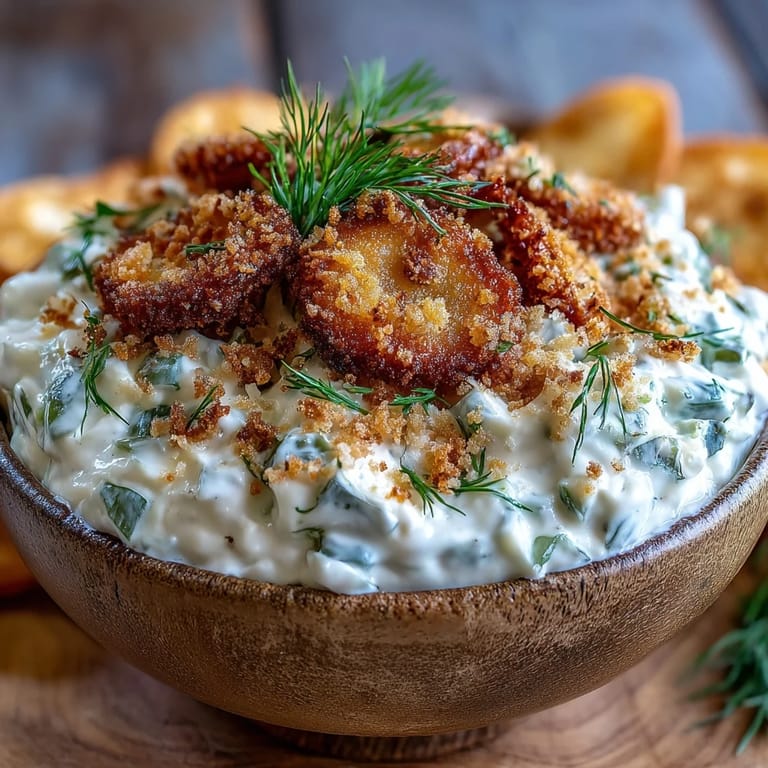 Tangy fried pickle dip served generously, a savory appetizer delight.