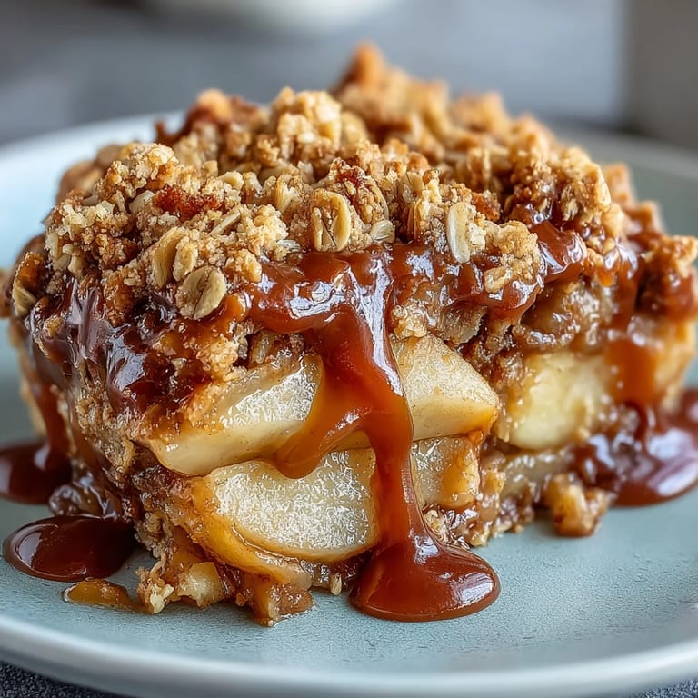 Golden baked Father's Day Whiskey Caramel Apple Crisp topped with oats, perfect with ice cream.