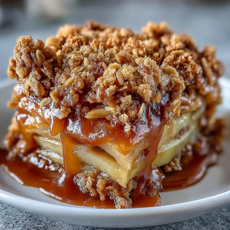 Close-up of bubbling Father's Day Whiskey Caramel Apple Crisp, a festive comfort dessert.