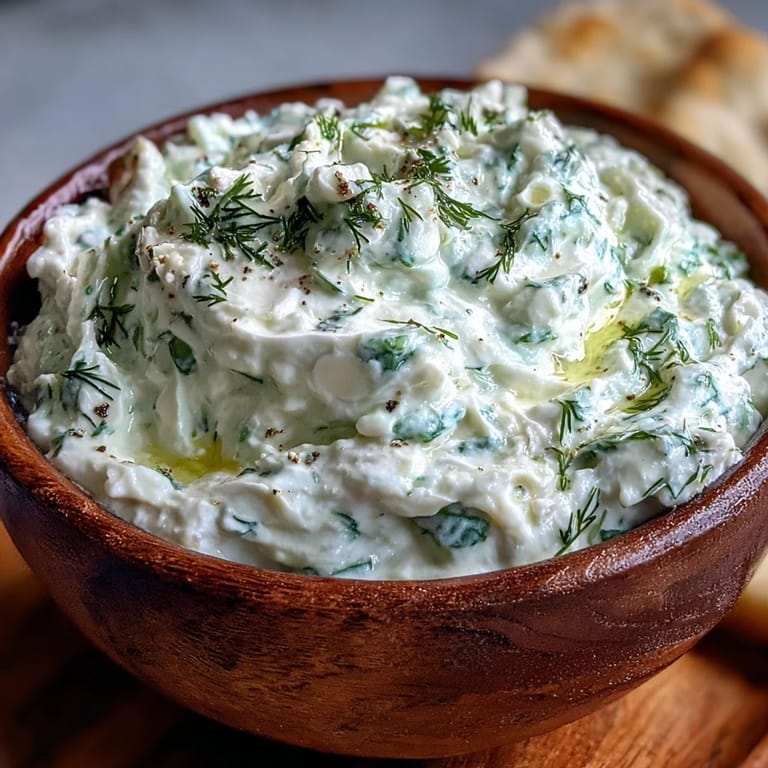Delicious Skyr Tzatziki Dip, showcasing vibrant dill and crisp cucumber pieces.