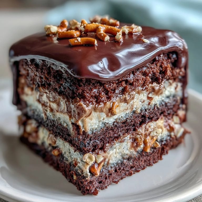 A rich chocolate peanut butter pretzel cake, perfect for a special celebration, glistening with ganache.