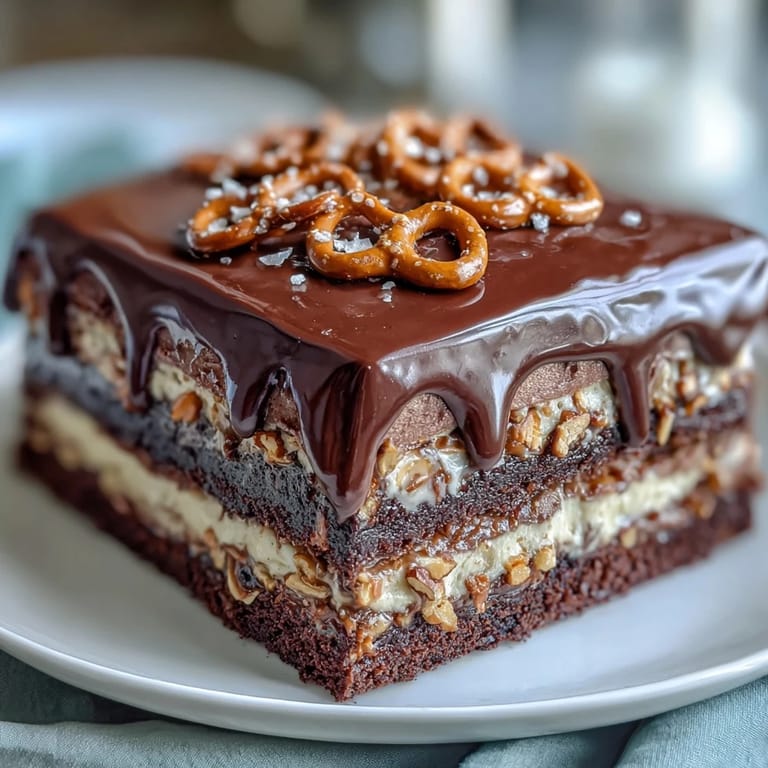 Moist chocolate cake with sweet peanut butter and salty pretzel crunch, ideal for serving Dad.
