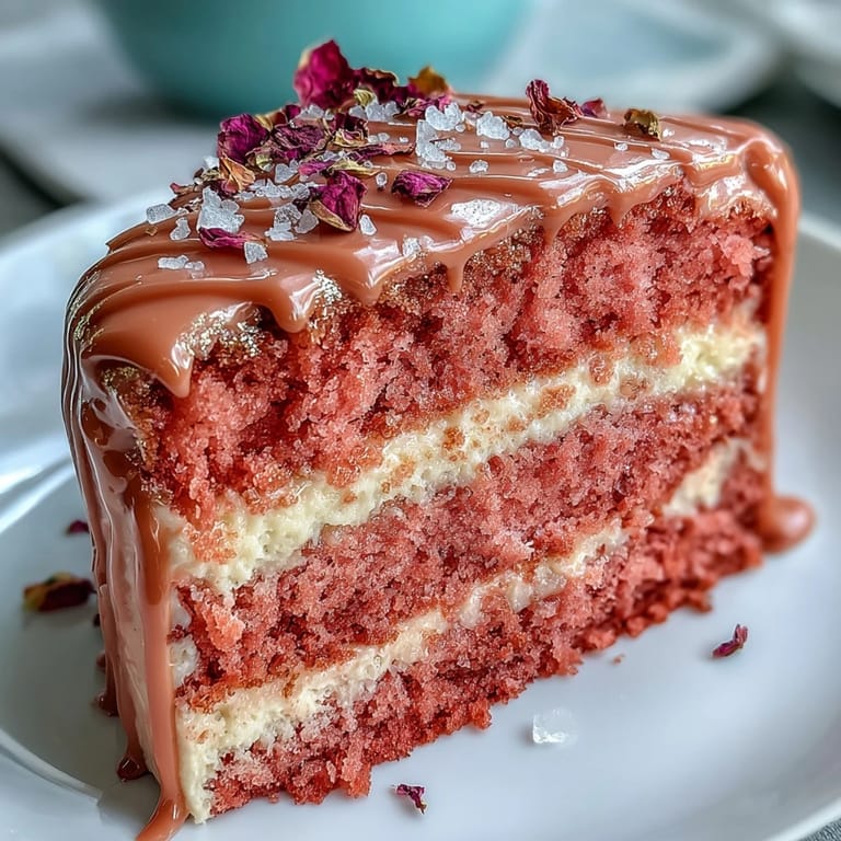 This delicate pink rosé velvet cake boasts a beautiful, smooth gold ganache drip finish.