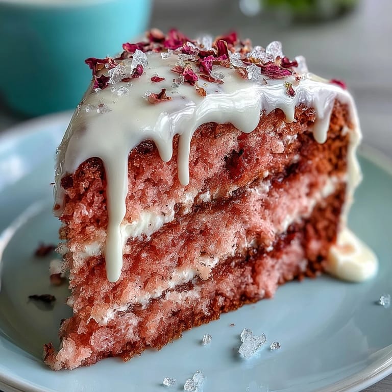Luxurious pink rosé velvet cake featuring a gleaming gold drip, perfect for celebrations.