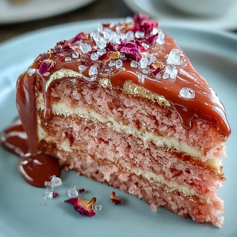 Soft pink velvet cake, infused with rosé, dripping beautifully with edible gold.