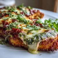 Golden-brown breaded chicken breasts topped with melted mozzarella and a vibrant green basil pesto swirl.