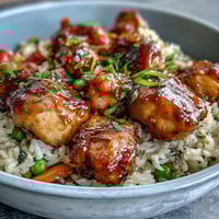One-Pan Bold Honey BBQ Chicken Rice served in a skillet with fluffy rice, glazed chicken, and steamed veggies.