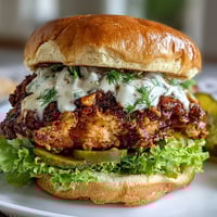 Juicy, spicy fried chicken piled high on a toasted brioche bun with creamy homemade sauce, pickles, and fresh lettuce.