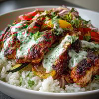 Sliced blackened chicken over fluffy rice, vibrant sautéed vegetables, and a drizzle of zesty lime crema, served in a bowl.
